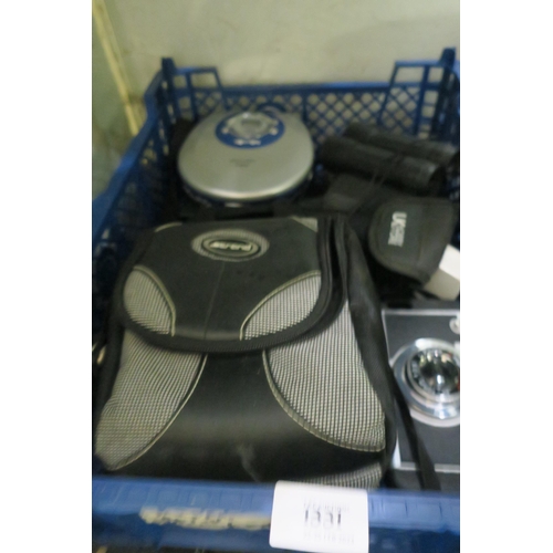 1331 - A TRAY OF VARIOUS ITEMS, INCLUDING BINOCULARS, CAMERA AND DISC PLAYER