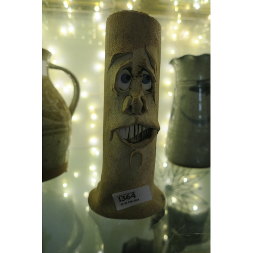 1364 - HAND MADE POTTERY VASE WITH STRANGE FACE