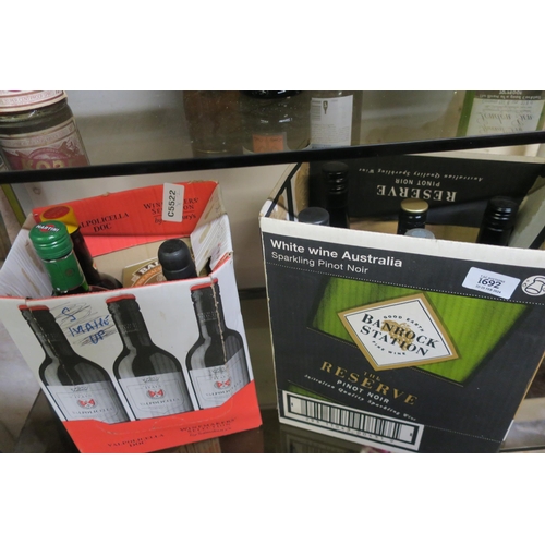 1692 - TWO BOXES  OF VARIOUS BOTTLES OF WINE ETC , BALO, OVER 21S