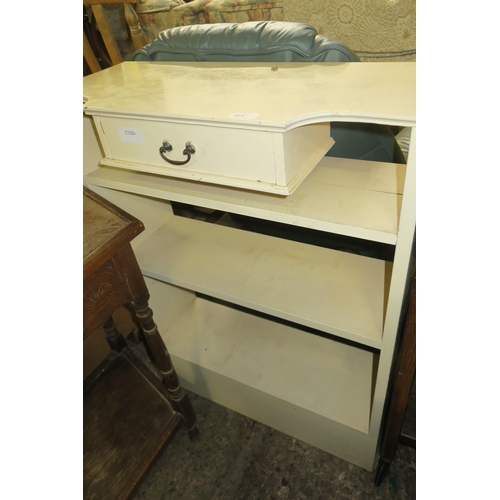 954 - A PAINTED WHITE HALL TABLE WITH DRAWER AND SHELVES