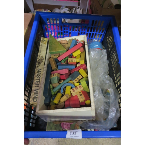 1137 - BOX OF VINTAGE WOODEN PLAYING BLOCKS ETC