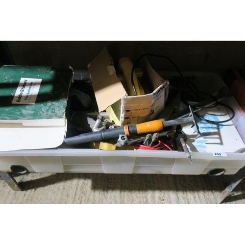 239 - LARGE CRATE OF GARAGE CLEARANCE ITEMS INCLUDING TOOLS AND EDDIE STOBART PLATE