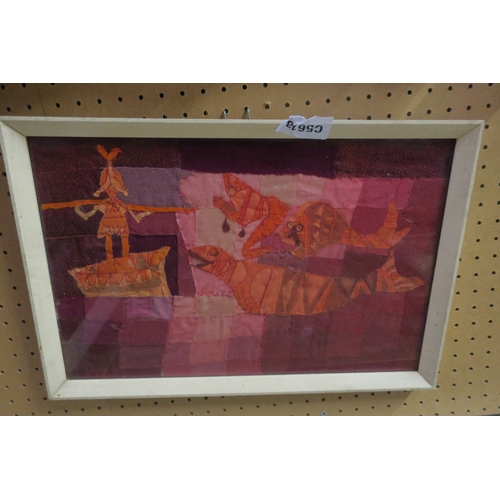 1586 - FRAMED TAPESTRY - ABSTRACT FISHING SCENE BY JEAN PAUL KLEE? - MARKED AS POSSIBLE 1950'S/60'S