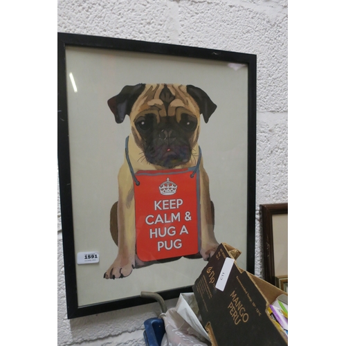 1591 - FRAMED PRINT - KEEP CALM AND HUG A PUG