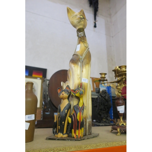 613 - TALL STYLIZED WOODEN CARVING OF CAT WITH KITTENS - METAL ACCENTS