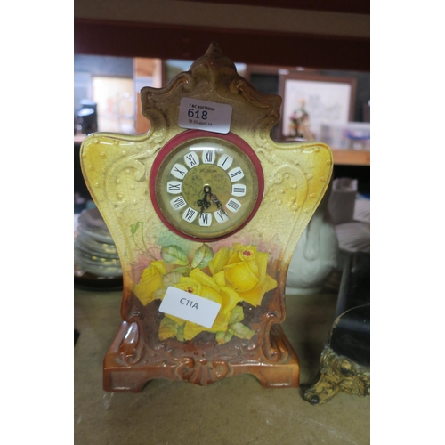 618 - VINTAGE CERAMIC MANTLE CLOCK - YELLOW ROSE MOTIF