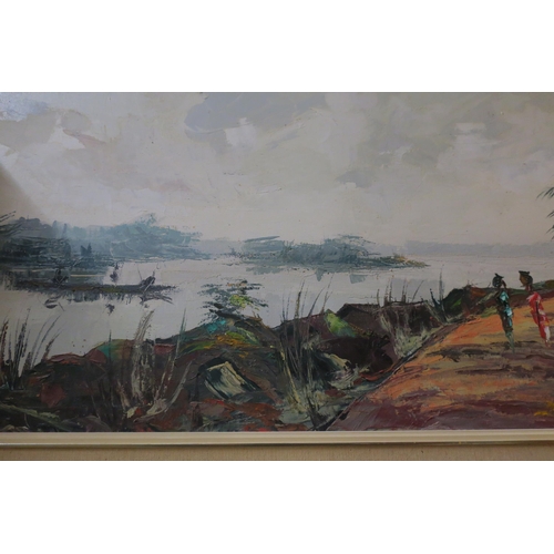 1682 - ORIGINAL OIL ON CANVAS - AFRICAN RIVERSIDE SCENE BY UNKNOWN ARTIST