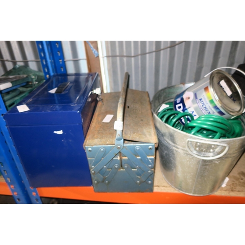 423 - 2 TOOLBOXES AND BUCKET CONTAINING HOSE AND PAINT