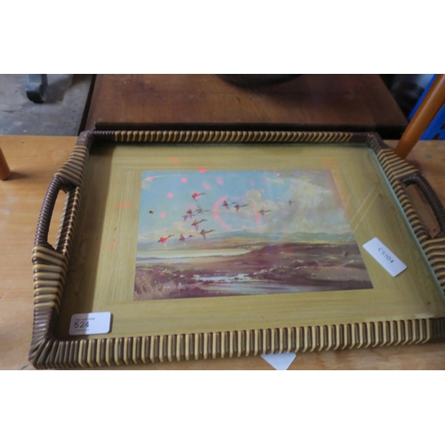 524 - MID-CENTURY GLASS BOTTOMED SERVING TRAY - MIGRATING DUCKS MOTIF