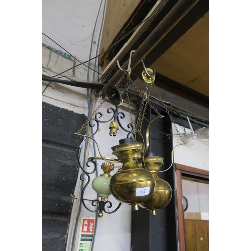 562 - THREE CLASSIC WROUGHT CEILING LIGHTS - BRASS AND CERAMIC