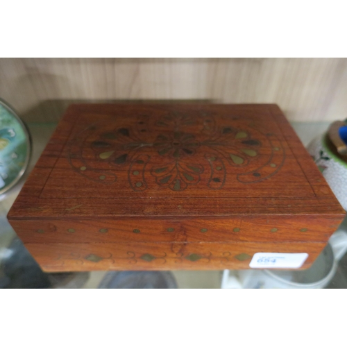 654 - WOODEN JEWELLERY BOX - METAL INLAY DETAILING