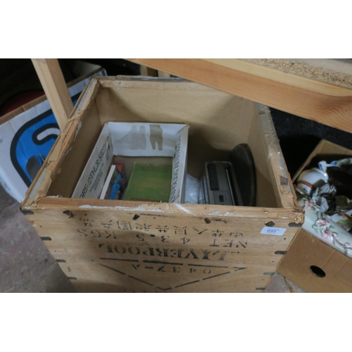 692 - TEA CRATE OF VINTAGE COLLECTABLES