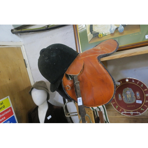 808 - VINTAGE CHILD'S SADDLE AND HELMET