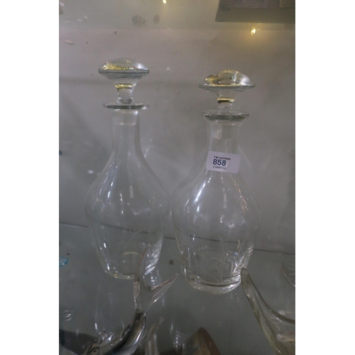 858 - PAIR CLEAR GLASS CUT DECANTORS IN PERFECT CONDITION