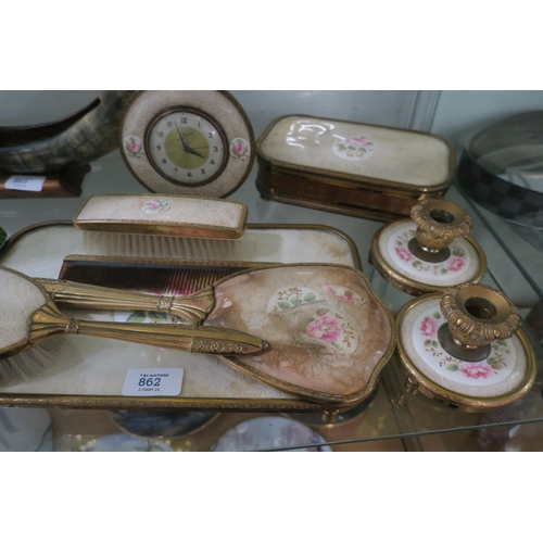 862 - A BEAUTIFUL DRESSING TABLE SET INCLUDING CLOCK , CANDLE HOLDERS AND JEWELLERY BOX ALL MATCHING