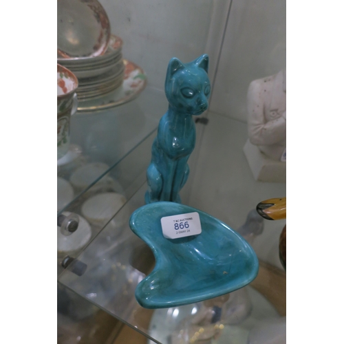 866 - A CAT AND DISH , POTTERY MADE IN A LOVELY AQUA BLUE COLOUR. SIGNED ON BOTTOM OF CAT