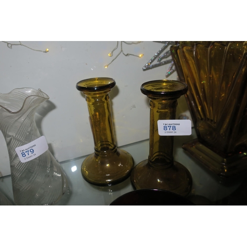 878 - A PAIR OF LOVELY AMBER GLASS CANDLESTICKS