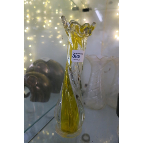 880 - TALL YELLOW AND CLEAR TWISTED GLASS VASE