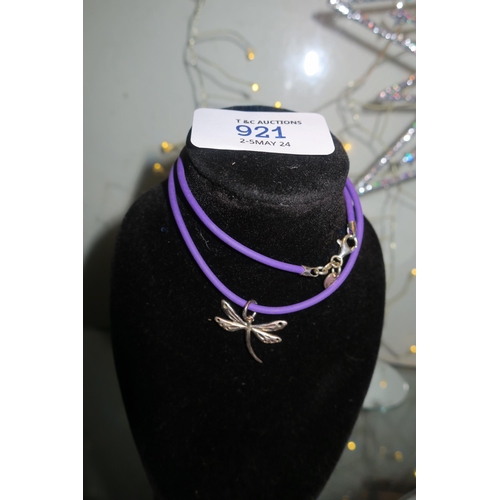 921 - 925 SILVER DRAGONFLY NECKLACE ON LILAC CORD