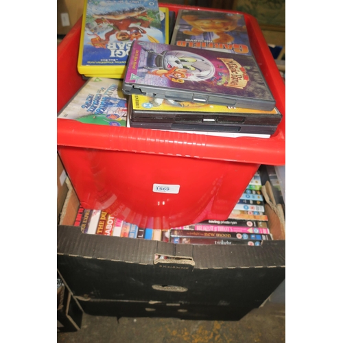 1569 - TWO BOXES AND A RED TUB FULL OF DVDS AND CASES