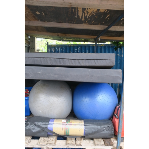 93 - 2 EXERCISE BALLS YOGA MAT AND CRASH MATS