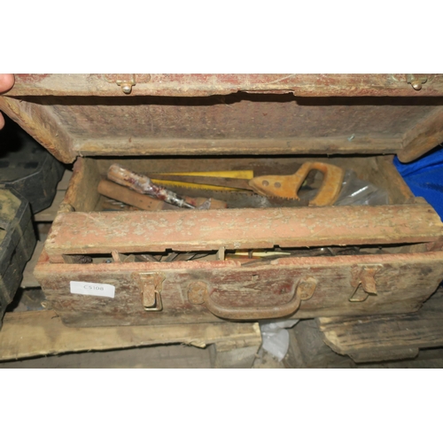 485 - VINTAGE WOODEN TOOLBOX WITH HAND TOOLS WITHIN