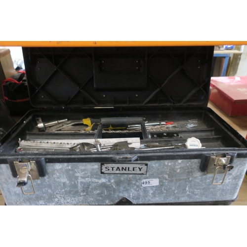 495 - STANLEY TOOL BOX WITH HAND TOOLS, DRILL BITS ETC