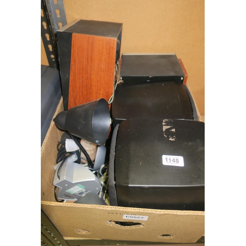 1148 - BOX OF ELECTRICALS INCLUDING 2 PAIRS OF SPEAKERS