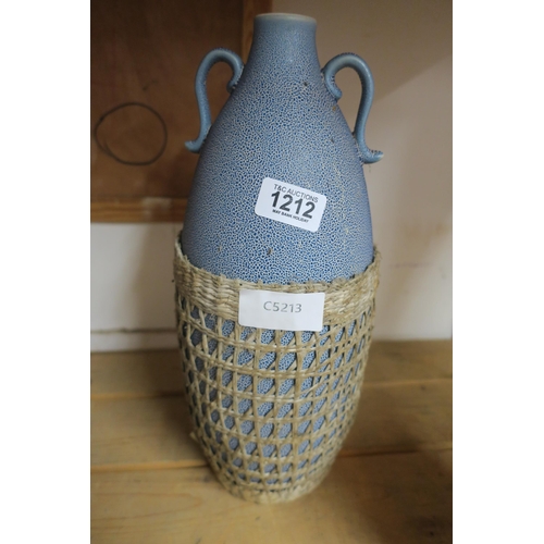 1212 - BLUE POTTERY VASE WITH WOVEN BASKET DECORATION