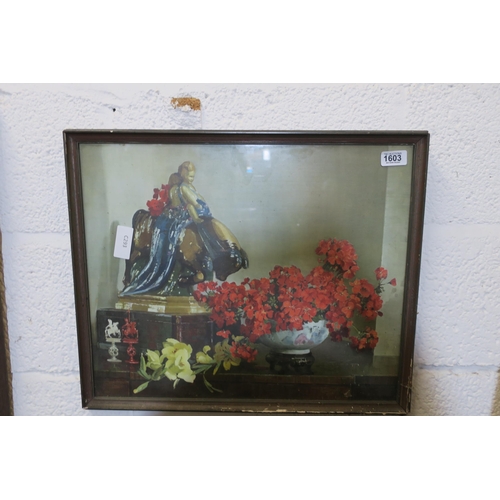 1603 - FRAMED STILL LIFE PRINT - STATUETTES AND A FLOWER BOWL BY UNKNOWN ARTIST