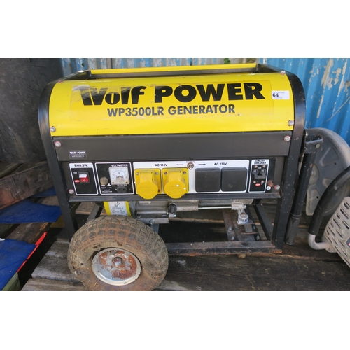 64 - WOLF POWER WP3500LR GENERATOR