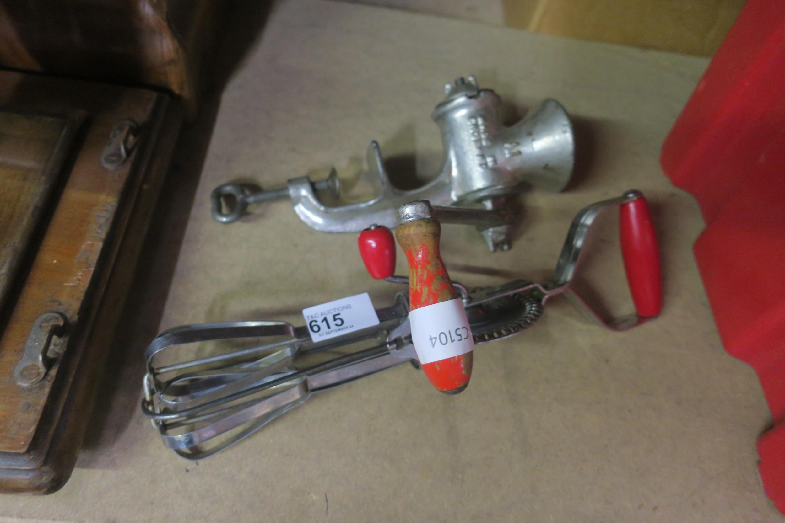 VINTAGE TABLE MOUNTED SPONG MINCER AND MANUAL WHISK