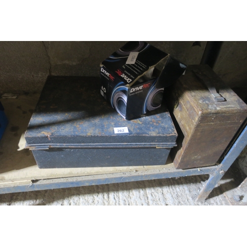 262 - VINTAGE WOODEN BOX METAL BLACK TOOL BOX AND WHEEL BEARINGS NEW IN BOX