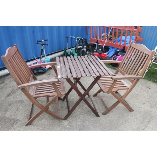 39 - WOODEN GARDEN TABLE AND 2 CHAIRS