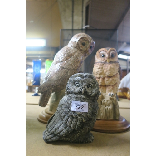 722 - TRIO OF VARIOUS OWL STATUETTES