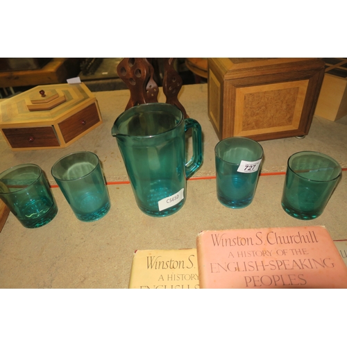 727 - MID-CENTURY AQUA GLASS PITCHER AND GLASS SET