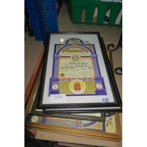 732 - COLLECTION OF FRAMED MASONIC CERTIFICATES