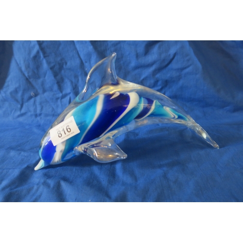 816 - VINTAGE BLUE SWIRL GLASS DOLPHIN