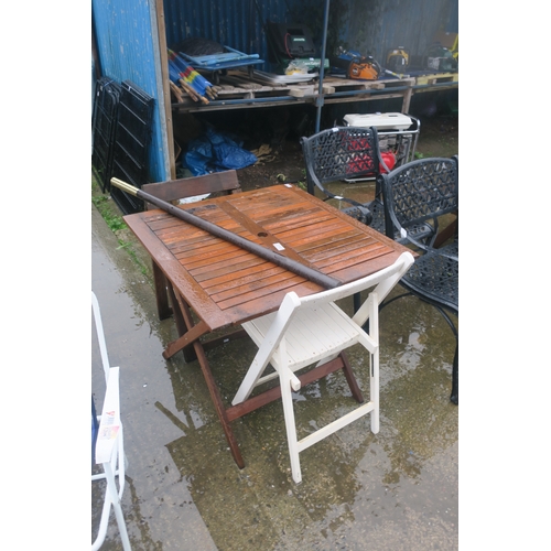 79 - WOODEN GARDEN TABLE AND 2 CHAIRS