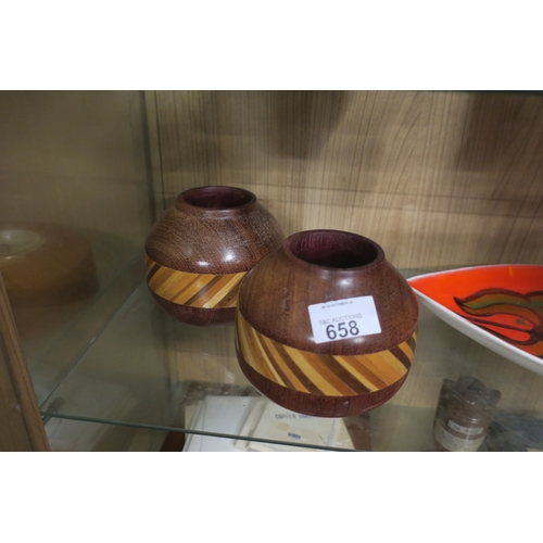 658 - PAIR OF MARQUETRY MANTLE VASES - HAND CRAFTED FROM RECLAIMED WOOD FROM WELLS CATHEDRAL