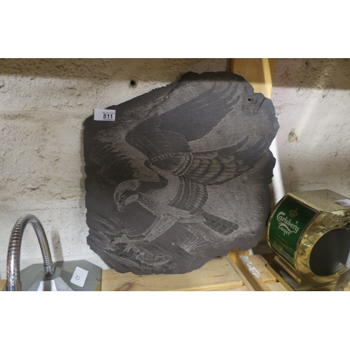 811 - WALL HUNG SLATE ENGRAVING OF BIRD OF PREY BY CHARON