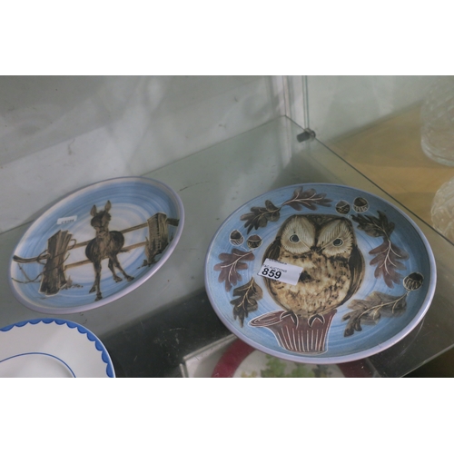 859 - 2 WINBORNE POTTERY PLATES A DONKEY AND AN OWL