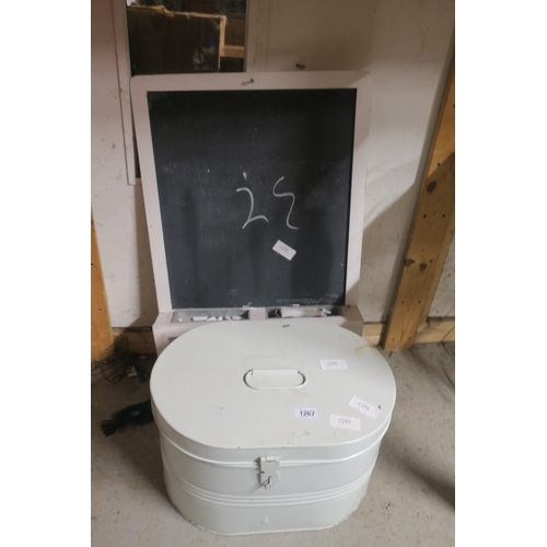 1267 - CHALK BOARD AND TIN STORAGE CONTAINER