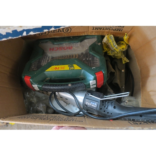 198 - BOX OF GARAGE ODDS INCLUDING DRILL BITS AND HEATER