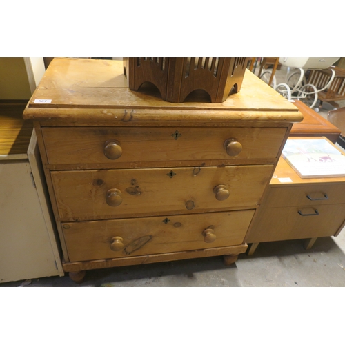 507 - ANTIQUE STRIPPED PINE THREE DRAWER CHEST OF DRAWERS