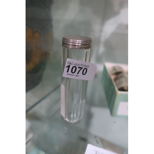 1070 - SILVER HALLMARKED GLASS CONTAINER BY TOUMIN AND GALE OF LONDON