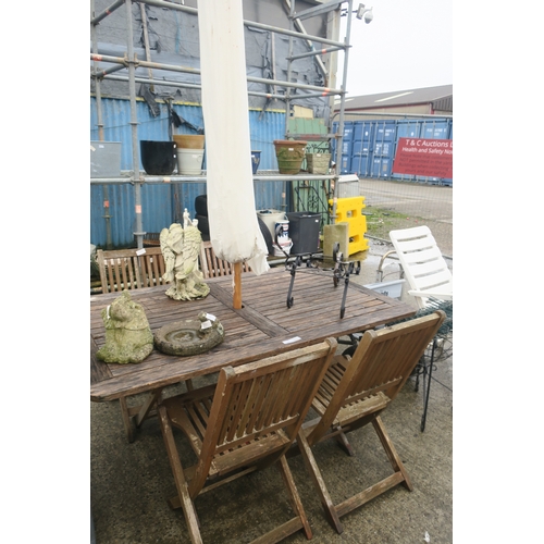 186 - FOLDING GARDEN TABLE AND CHAIRS WITH PARASOL