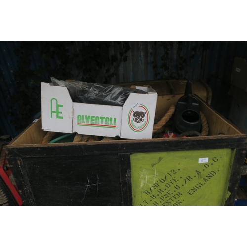 77 - LARGE WOODEN CRATE WITH ROPE AND GARAGE ITEMS