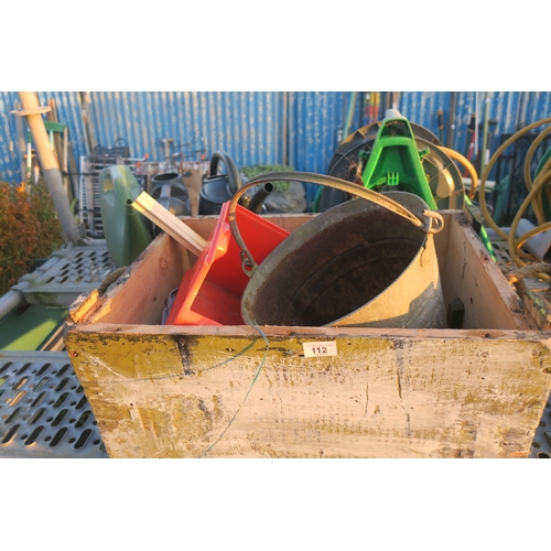 112 - WOODEN CRATE WITH GALVANISED BUCKET ETC