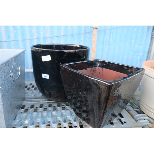 137 - 2 COMTEMPORARY BLACK GLAZED PLANTERS